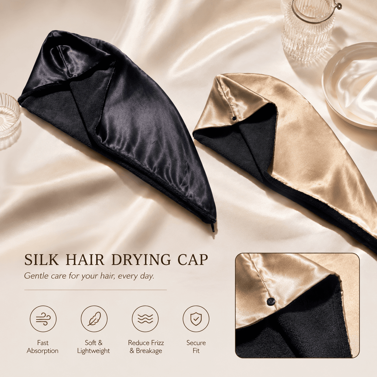 Silk Hair Towels product page for private label silk buyers